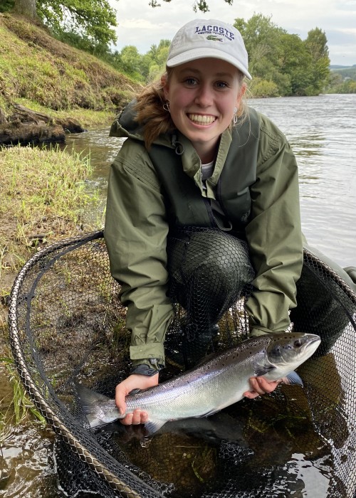 This young lady was part of a family fishing day on the River Tay and was shocked when this lovely Summer salmon took her fly at the March pool on the Kinnaird Beat of the River Tay near Pitlochry. Her mum, father & brother will also never forget witnessing the capture of this fine fish on the fly rod with all the added excitement a buckled fly rod brings.