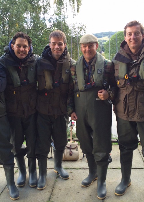 Here's a really great group of young fishing guests who came up to the River Tay to master the important salmon fishing skills. This photo was taken at the very start of their salmon fishing day outside the Upper Kinnaird fishing hut near Dunkeld