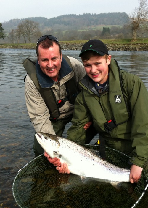 Here's the first heavyweight salmon for this young fisher seen here in the photograph with his amazed father! A few moments after this 20lbs Tay springer was released he hooked and landed another perfect fish of similar proportions. A truly amazing morning on the River Tay during late March.