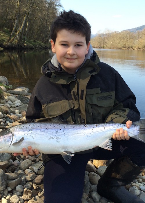 Here's Johnny Monteith with a fresh run 10lbs Spring salmon caught during April at the little burn at the Green Bank Pool on the Upper Kinnaird salmon fishing beat near Dunkeld.