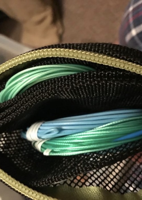 Here's a pouch of salmon fly line sinking tips which are differently weighted and colour keyed to sink your salmon fly down to the desired depth to match where you suspect salmon to be holding in the water column. Sink Tips come in lengths of between 5ft - 20ft with normal fishing lengths being 10ft - 15ft.