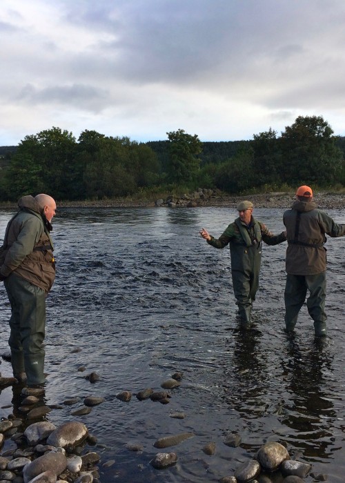 Here's Jock Monteith with a party of new salmon fishers delivering some Spey casting tuition at the start of their fishing day. This photograph was taken at the neck of the Mike's Run salmon pool which is the last pool on the River Tummel before the Tummel meets the River Tay 300 yards downstream of this position.