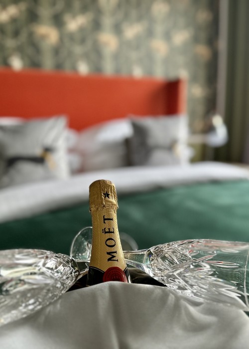 Here's a lovely appointed bedroom in the Atholl Arms Hotel in Dunkeld with the champagne on ice. This award winning hotel overlooks the River Tay and has been a firm favourite for visiting salmon fishers and their families for many decades.